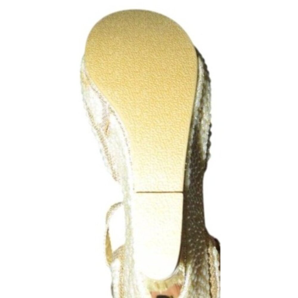 Rhinestone Pearl Embellished Metallic Gold Platform T strap Wedges sz 38 - Picture 9 of 10